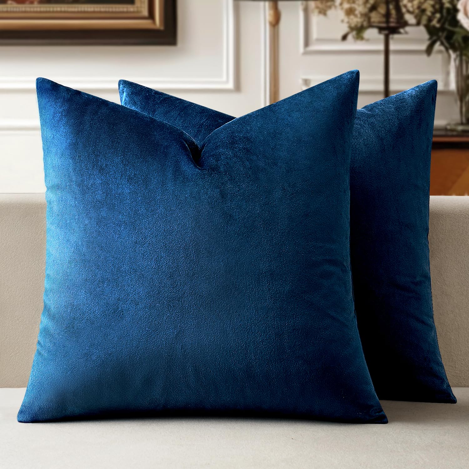 Photo 1 of MIULEE Pack of 2 Velvet Pillow Covers Decorative Square Pillowcase Soft Solid Cushion Case for Spring Sofa Bedroom Car 26x26 Inch Dark Blue