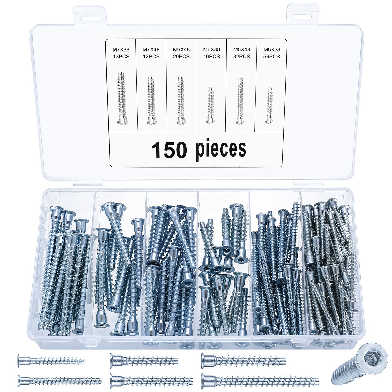 150 Confirmat Screws - Allen Key, Flat Pack, Carcass, Hex Socket, Chipboard Furniture Connecting Screws - White Zinc, M5/M6/M7