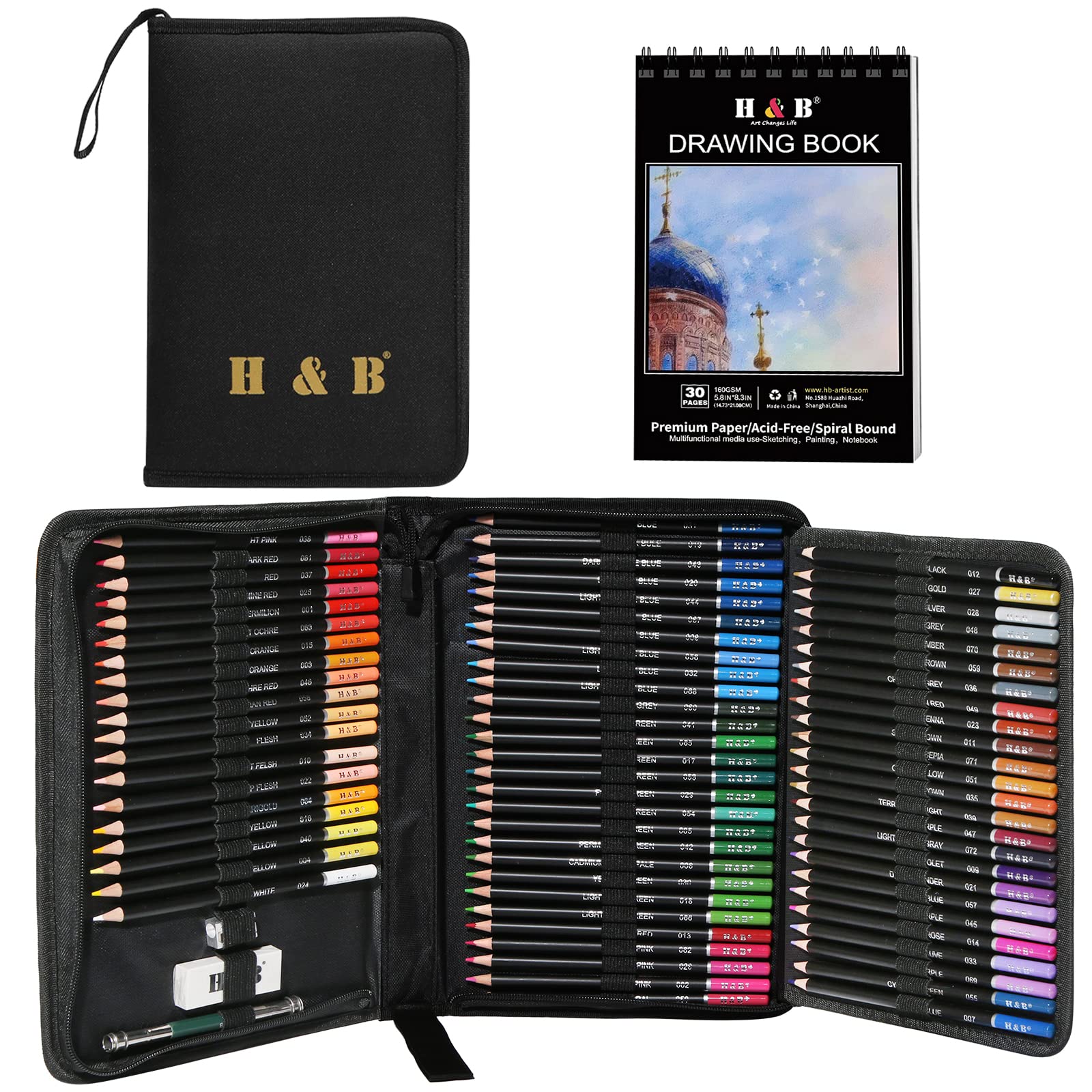 H & B 76pcs Colouring Pencils Set for Drawing Sketching Blending,Coloured Pencils for Adults,Artists,Beginners Professional Art Supplies with Sketchbook
