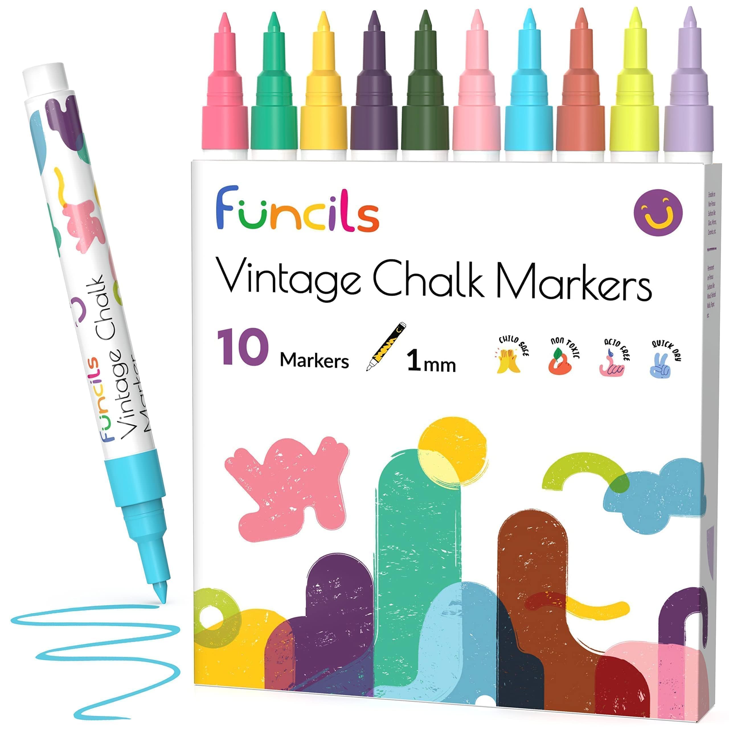 Funcils Vintage Liquid Chalk Pens for Chalkboard Signs, Blackboard, Window, Labels, Bistro, Glass, Car (10 Pack, 1mm) - Wet Wipe Erasable Ink Chalk Board Markers, Extra Fine Tip Liquid Chalk Markers