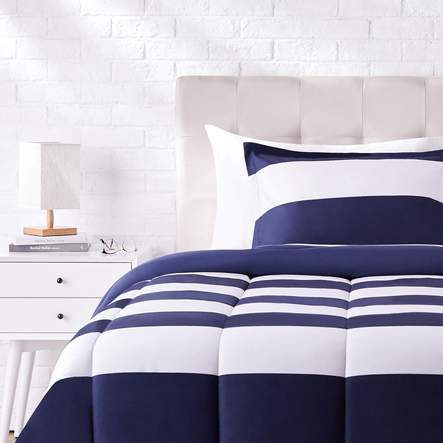 Basics Comforter Set, Twin / Twin XL, Navy Rugby Stripes, Microfiber, Ultra-Soft: Home & Kitchen