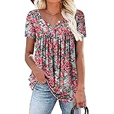 ROSELINLIN Women's Short Sleeve Shirts Floral Summer Tops Loose Fit for Leggings