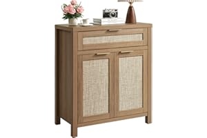 HOKYHOKY Rattan Sideboard Buffet Cabinet, Boho Storage Cabinet with Adjustable Shelf, Farmhouse Credenza Coffee Bar Cabinet w