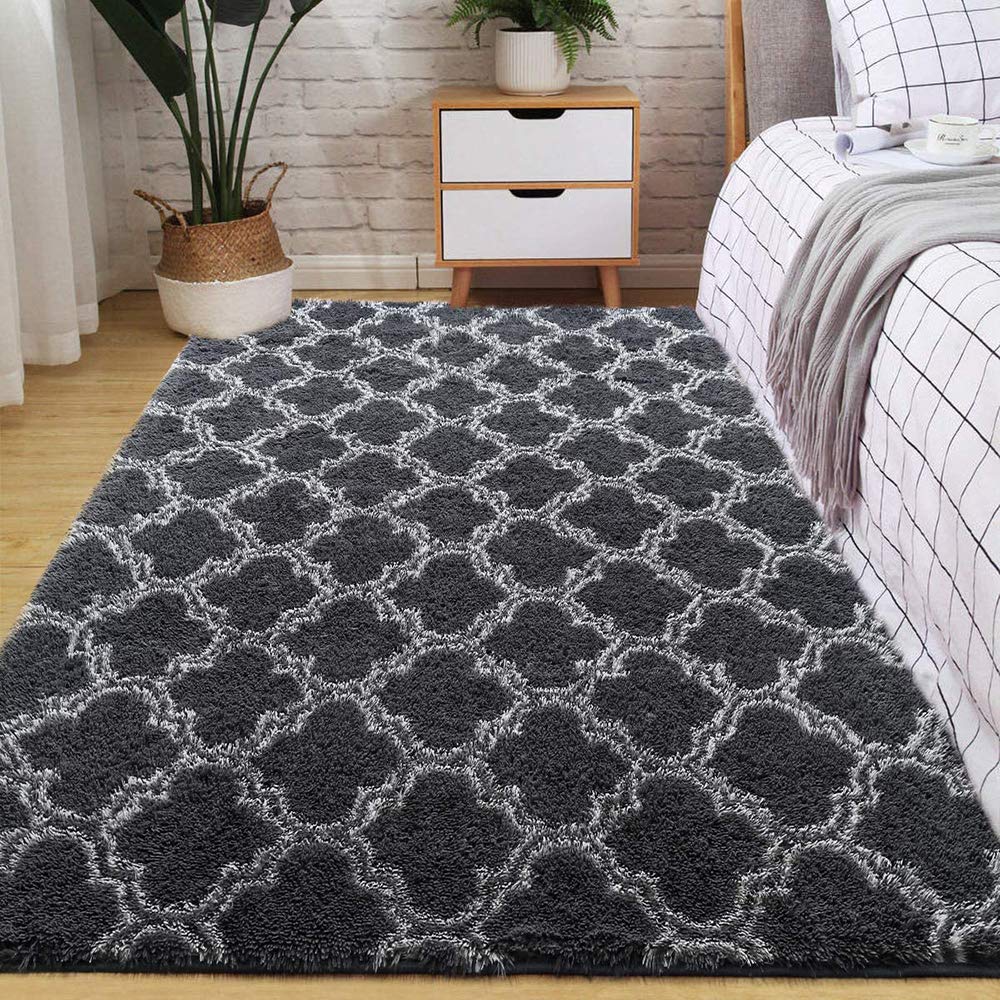ele ELEOPTION Luxury Velvet Shaggy Area Rug, Anti-skid Nursery Mat Modern Indoor Rugs, Soft Comfortable Room Carpets for Bedroom Living Room Kids Room Children Playroom (Dark Gray, 120x160CM/4x5.3Ft)