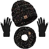 Winter Beanie Hat Scarf Gloves, Black Variegated Color Warm Fleece Knit Hats Touch Screen Gloves Neck Scarf Set