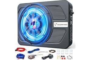 SEGGMNTREE 1000w Slim Under Seat Subwoofers with Amp,Car Subwoofer amp with Ambient Light,3.2" Height Amplified Subs High/Low Level Input for Car/Truck Audio,Powered Subwoofer and Amp Package Wire Kit Deep Bass