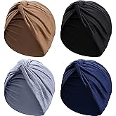 SATINIOR 4 Pieces Turbans for Women Soft Pre Tied Knot Fashion Pleated Cancer Turban Cap Chemo Headwrap Sleep Hat, 4 Colors