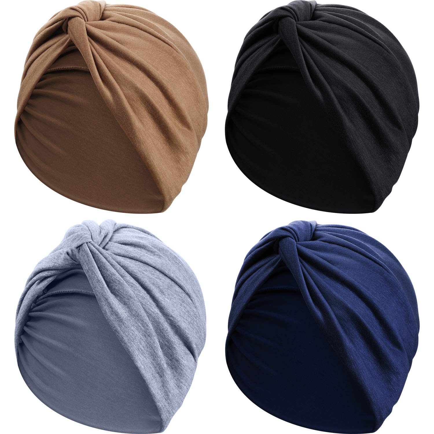 Photo 1 of ** missing blue** SATINIOR 4 Pieces Turbans for Women Soft Pre Tied Knot Fashion Pleated Cancer Turban Cap Chemo Headwrap Sleep Hat, 4 Colors(Black, Khaki, Navy Blue, Gray)