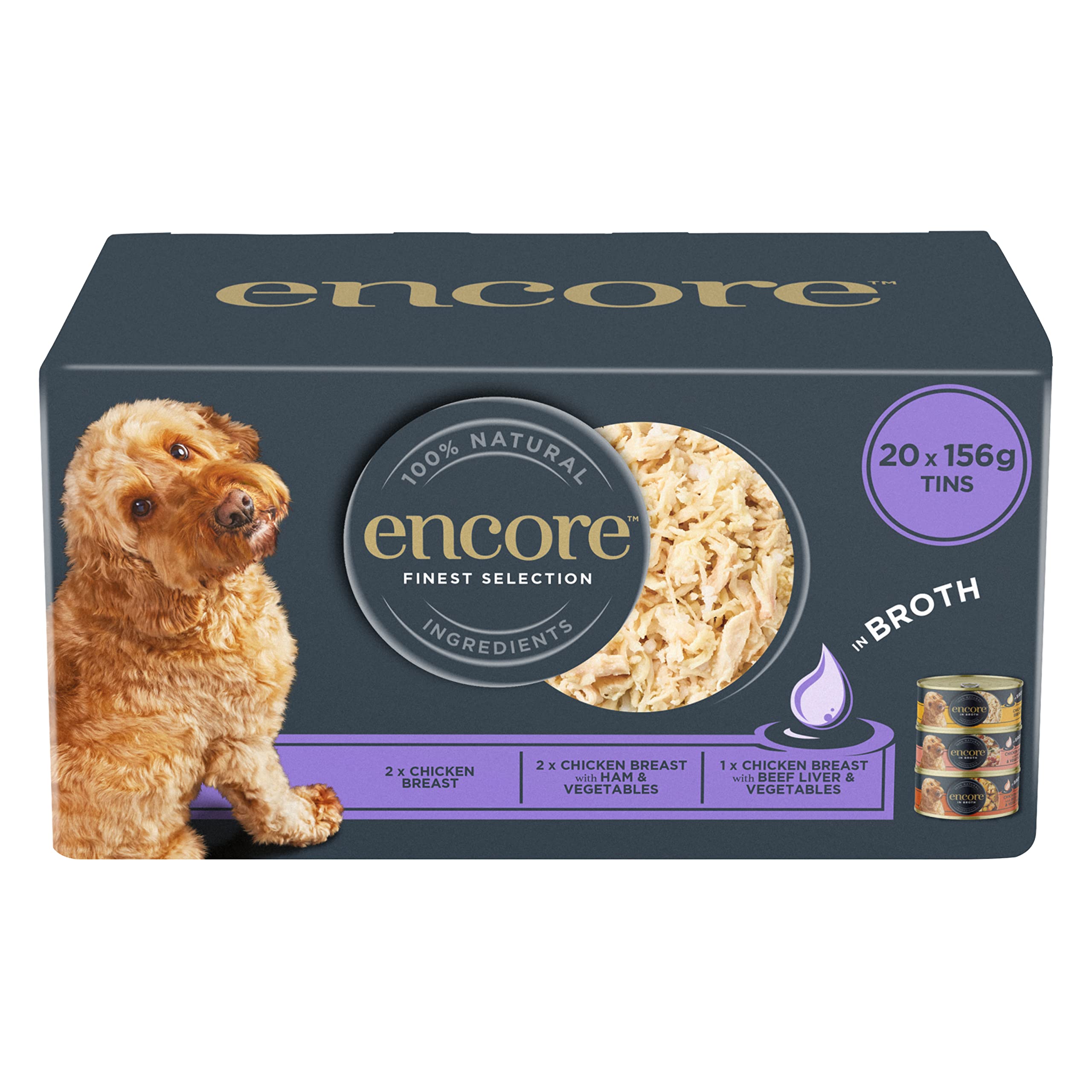 Encore 100 Percent Natural Wet Dog Food, Finest Chicken Selection in Broth, 156g Tin (Pack of 20 x 156g Tins)