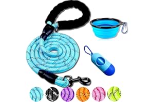 DOYOO Dog Leash 2FT/5FT/6 FT Thick Durable Nylon Dog Rope - Comfortable Padded Handle Reflective Rope Dog Leash for Medium Large Dogs with Collapsible Pet Bowl and Garbage bags (Blue 1/2" x 6 FT)