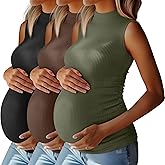 Riyiper 3 Pack 92% Cotton Mock Turtleneck Maternity Tank Tops, Ribbed Sleeveless Side Ruched Slim Pregnancy Shirts for Women