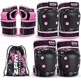 2PM SPORTS Knee Pads for Women, Wrist Guards Knee and Elbow Pads Set with Drawstring Bag, Protective Gear Set for Girls Kids Roller Skating Skateboard - Pink & Black Large