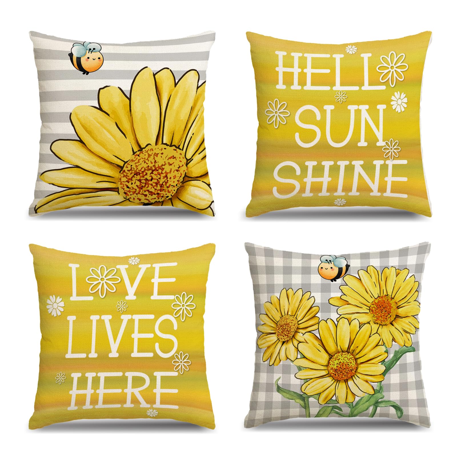 Photo 1 of MEHOFOND Spring Summer Pillow Covers 18x18 Inch Set of 4 Yellow Daisy Floral Hello Sunshine Throw Pillow Covers Spring Daisy Outdoor Decor Farmhouse Yellow Pillowcase Cushion Case for Sofa Couch