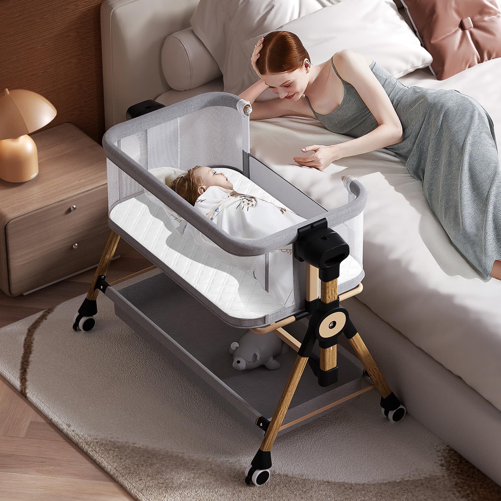 Photo 1 of 3 in 1 Baby Bassinet,Bedside/Rocking Bassinet for Baby,Bedside Crib with Lockable Wheels,Waterproof Mattress,Adjustable 6 Heights,Portable Bassinets Bedside Sleeper for Newborn Infant