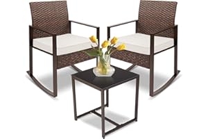 YIYAN 3 Pieces Rocking Bistro Set,Outdoor Rocking Chair Furniture Set,PE Wicker Outdoor Rocker Chair with Coffee Table & Washable Cushion(White)