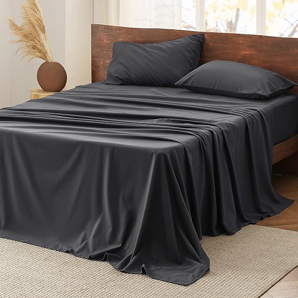 BEDSURE 100% COTTON SHEETS, KING SIZE SHEETS SET, ULTRA SOFT & COMFORT COTTON KING SHEET WITH DEEP POCKET UP TO 16″, 4 PIECE HOTEL LUXURY BEDDING BEDSHEETS FOR WOMEN, MEN, KIDS & TEENS – GREY BLACK