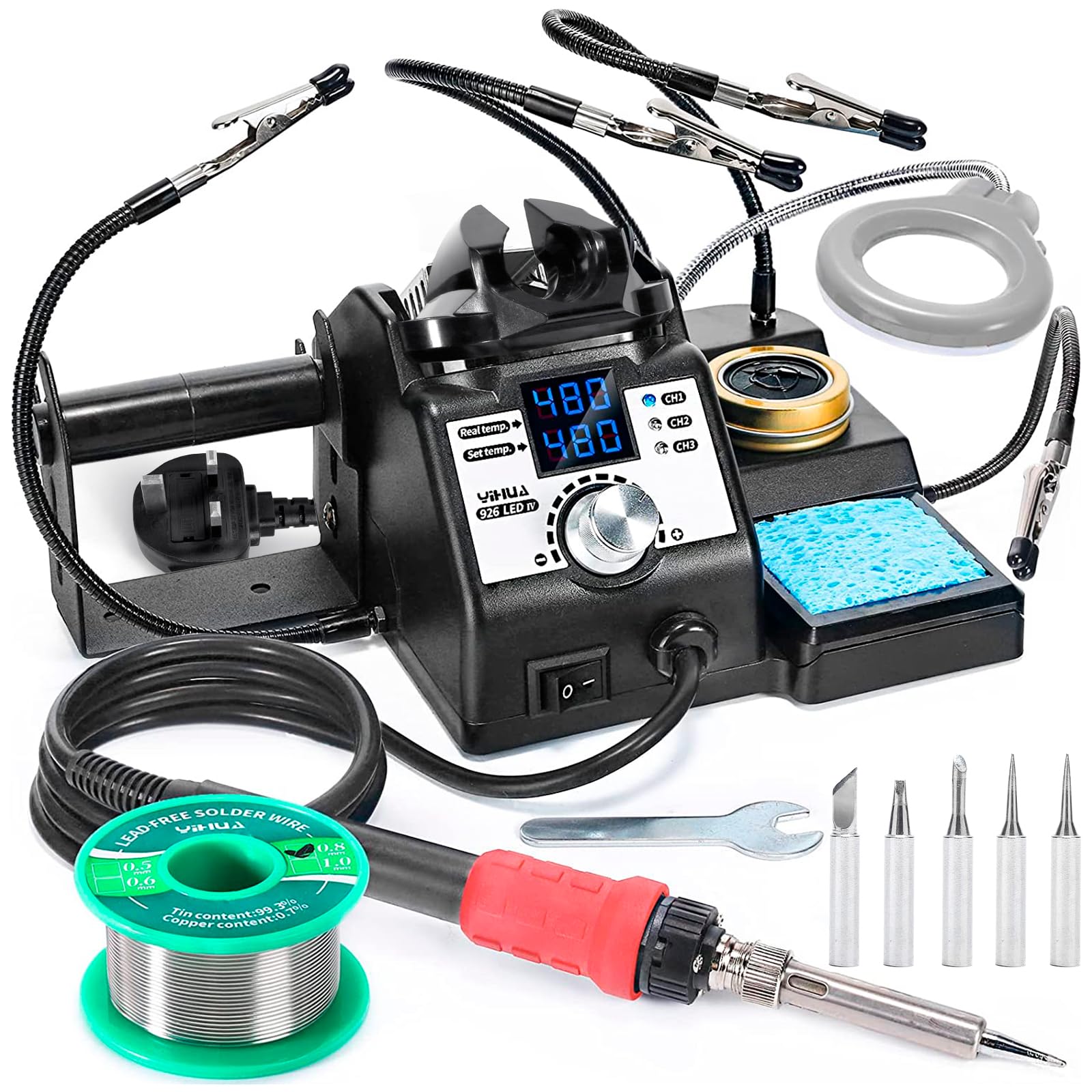 YIHUA 926LED-IV EVO 110W Soldering Station 90~480°C Soldering Kit with 4 Helping Hands, 1 Magnifier with LED, Solder Wire Dispenser, 5 Extra Soldering Tips, 35g Lead-Free Solder Wire(UK Plug)