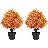 I.C.ELAINE 24" Faux Cedar Trees for Outdoor Planters, Set of 2 Artificial Topiary Ball Plants UV Resistant, Fake Orange Bushes & Shrubs for Front Porch, Patio, Fall Decor