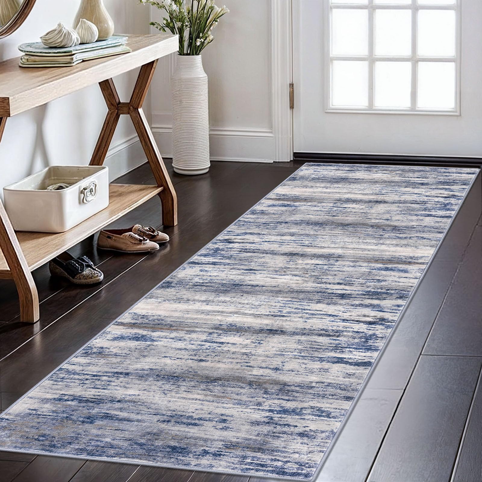 Photo 1 of **different pattern than stock photo**KOZYFLY Modern Abstract Washable Rug Runner 2x6 Runners for Hallways Non-Slip Soft Kitchen Runner Rugs, Print Grey-Blue Striped Carpet Runner for Entryway Bathroom Laundry Room Foyer