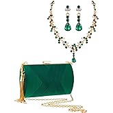 Henoyso 3 Pcs Clutch Purses for Women Rhinestone Jewelry Handbag Set Emerald Green Evening Purse Prom Tassels Purses Shoulder Bag for Wedding Vintage Banquet Earrings Necklace