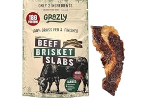 Grazly Beef Brisket Slab – Grass-Fed & Finished | Only Meat & Salt, Soft & Buttery Texture | High-Protein Carnivore Snack | Made from 1lb Raw Brisket | 5oz On-the-Go Snack Pack