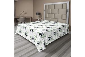 Ambesonne East Flat Sheet, Cartoon Panda Exotic Tree Leaves Pattern Wildlife Zoo Fun Nature Tropic, Soft Comfortable Top Sheet Decorative Bedding 1 Piece, Queen Size, Black Green