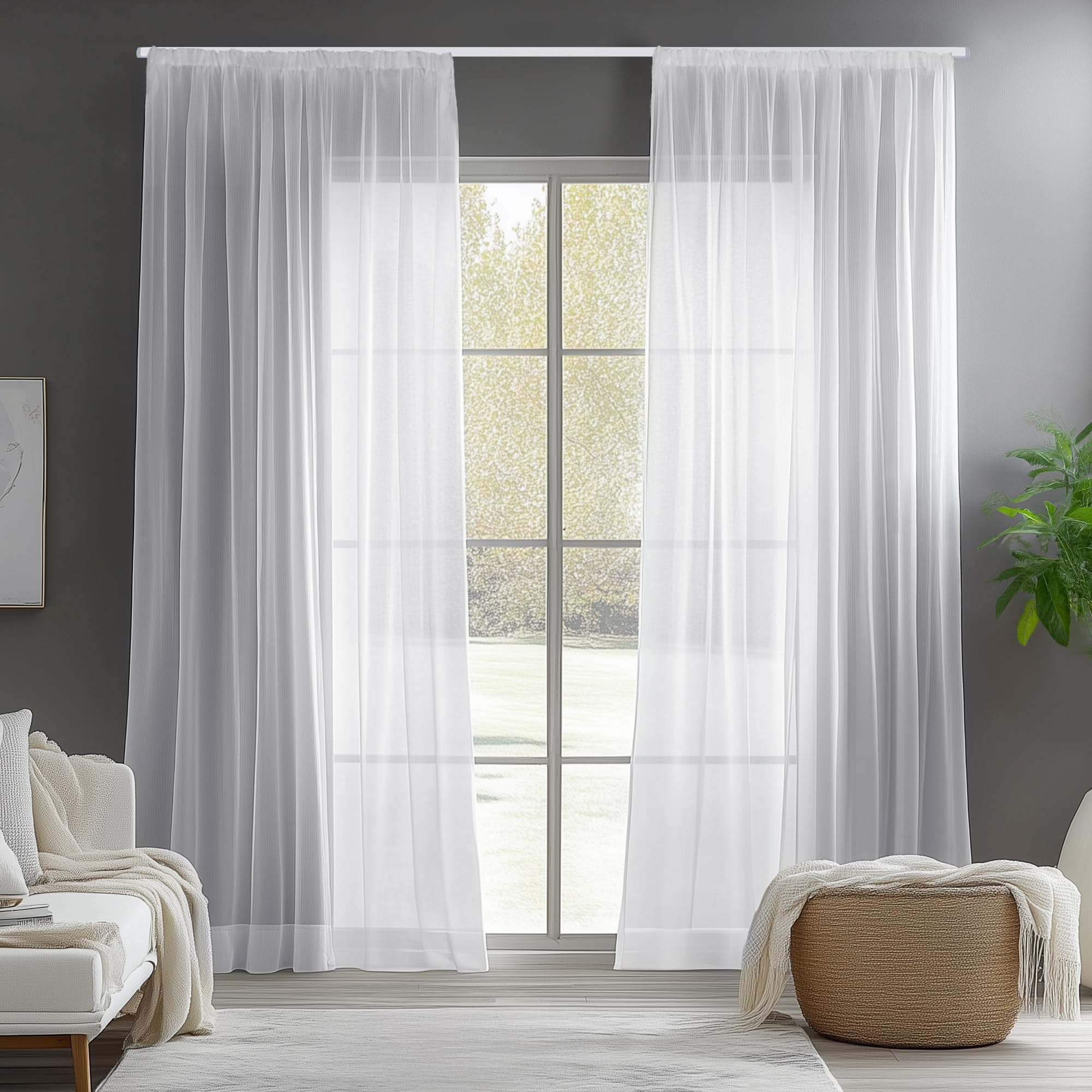 Deconovo Set of 2 Voile Curtains for Living Room with Ruffle Tape for Pine System White 245 x 140 cm