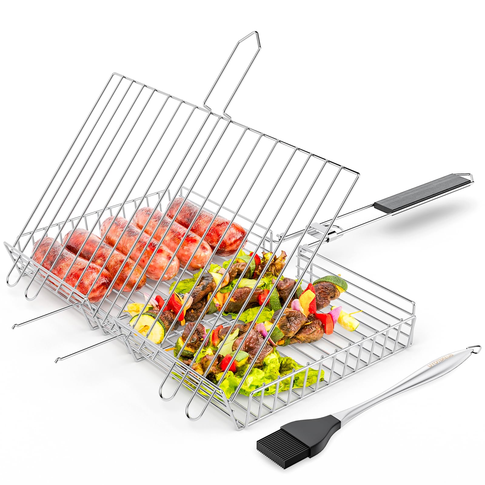 Stainless Steel BBQ Grill Basket with Detachable Wooden Handle,Portable Grilling Basket for Fish, Vegetable, Steak, Meat, Shrimp Chops,Come with Carry Bag
