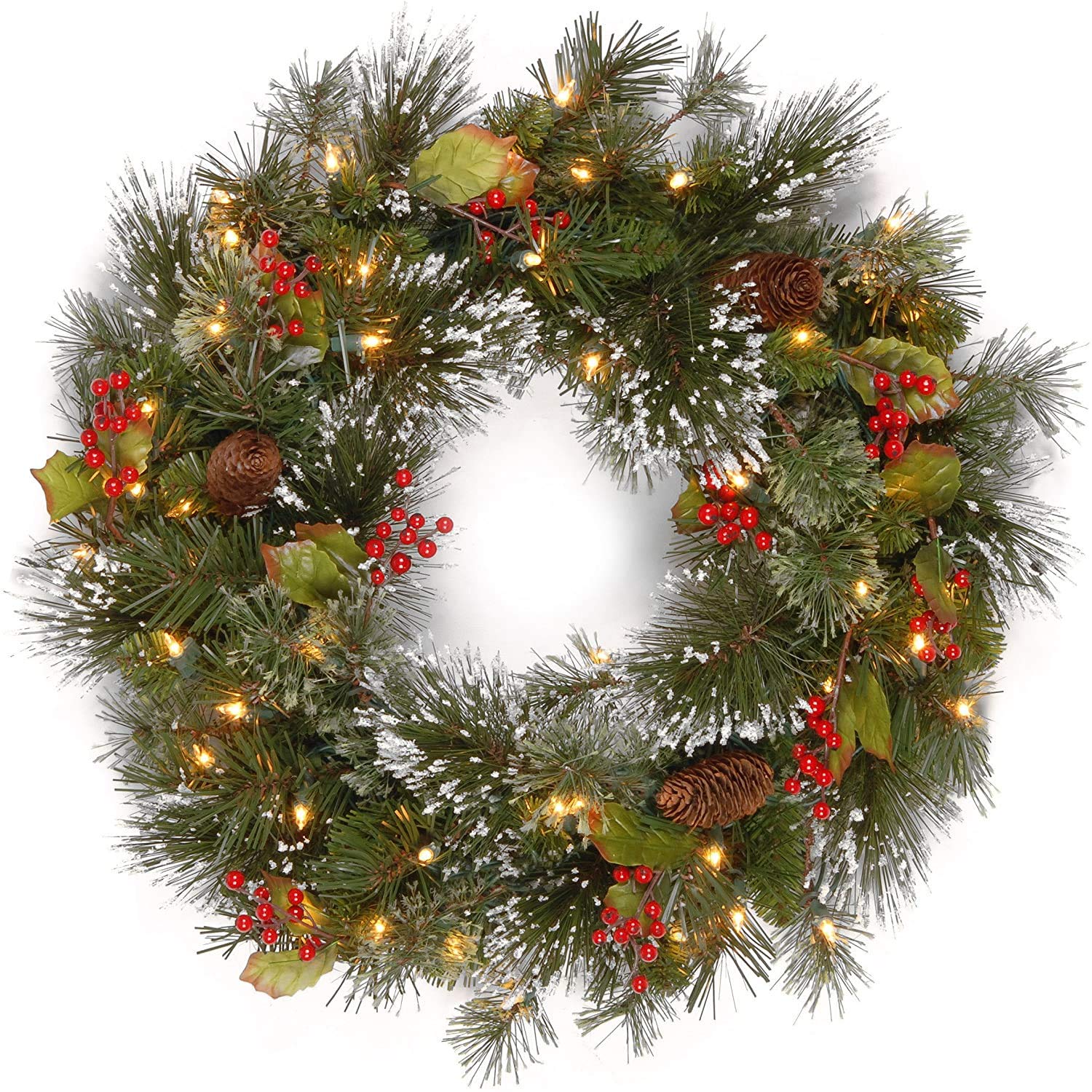 National Tree Company Pre-lit Artificial Christmas Wreath| Flocked with Mixed Decorations and Pre-strung White LED Lights | Wintry Pine - 24 inch