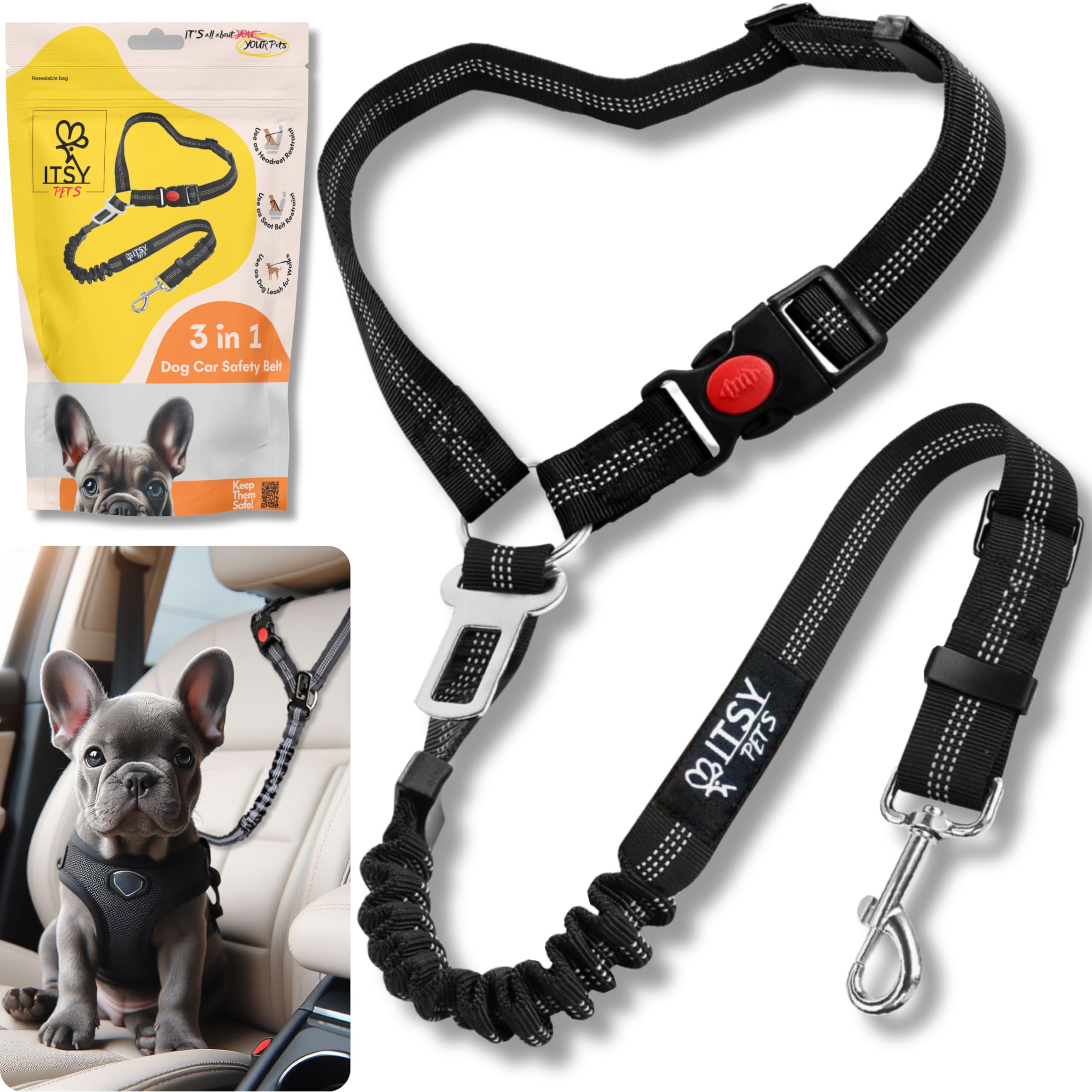 ITSY Pets - Dog Seat Belts for Cars Compliant with the UK Pet Travel Laws, with Elastic Bungee & Lockable Buckle, Adjustable Straps & Reflective Seat Belt Leash, Heavy-Duty Car Safety Dog Harness