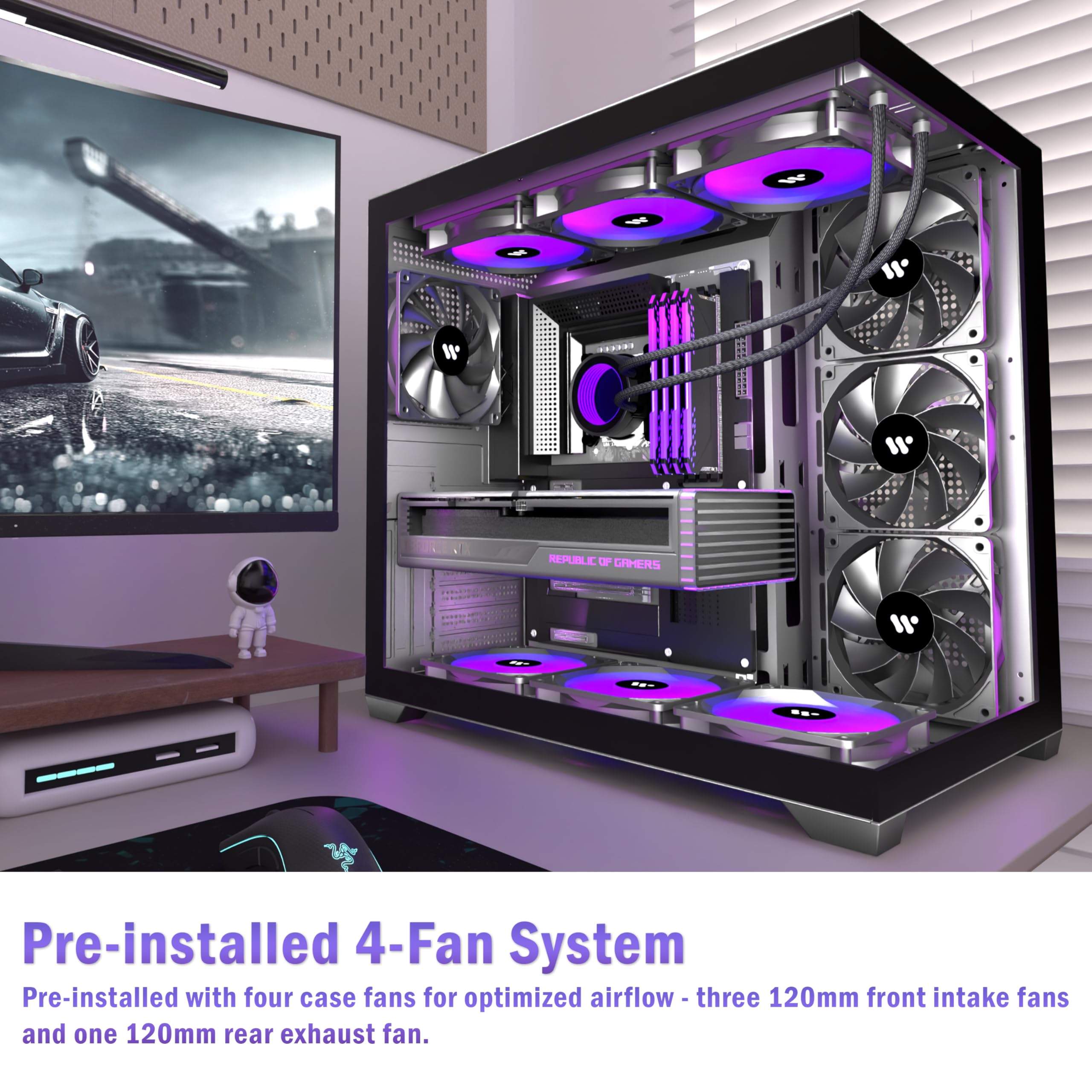 KEDIERS PC CASE ATX 4 Fans Pre-Installed, Type-C Mid Tower Computer Case with Full-View Dual Tempered Glass, Gaming PC Case,Black,K4