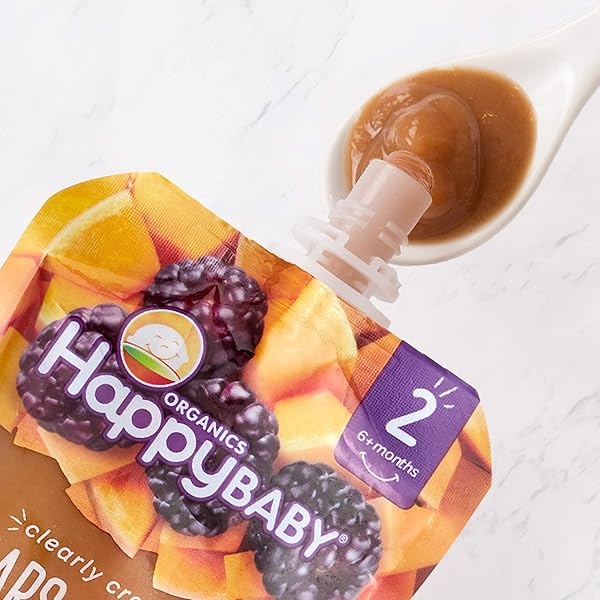 HAPPY BABY ORGANICS STAGE 2 BABY FOOD POUCHES, GLUTEN FREE, VEGAN & HEALTHY SNACK, CLEARLY CRAFTED FRUIT & VEGGIE PUREE, PEAR SQUASH & BLACKBERRIES, 4 OUNCES (PACK OF 1)