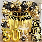 Gold 50th birthday decorations men,3pcs birthday Decorations for Men boys black and gold Balloon Boxes Birthday Party Favors