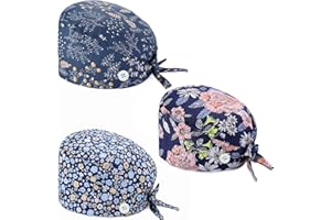 3PCS Scrub Caps Women, Nurse Surgical Cap with Button and Adjustable Sweatband, Bouffant Elastic Working Cap (Flower)