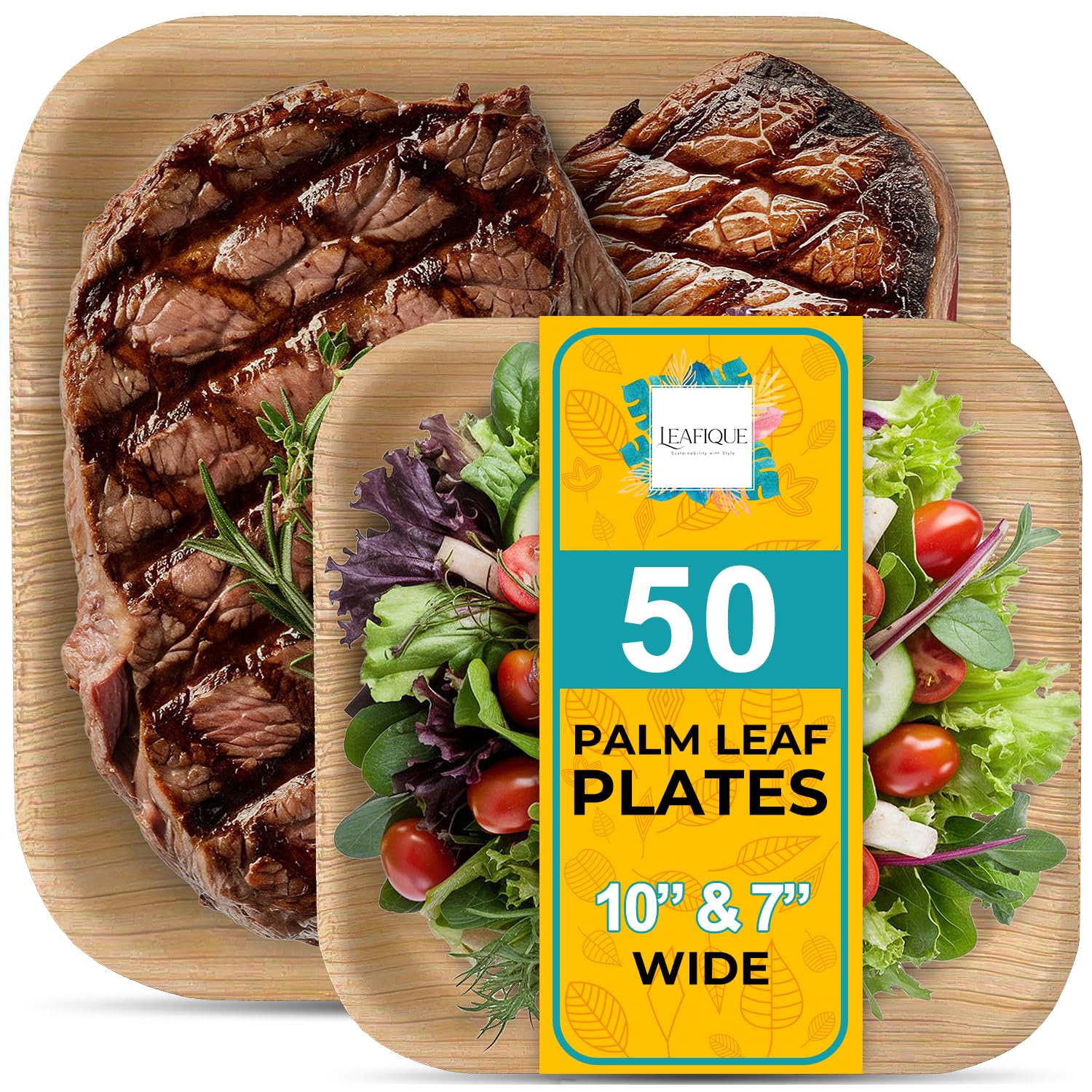 Photo 1 of 100% Natural 10" & 7" Palm Leaf Square Plate (50-pack), Compostable & Biodegradable Dinnerware for Catering, Birthdays, Halloween, BBQs, Thanksgiving, Alternative to Paper & Bamboo Plates Disposable