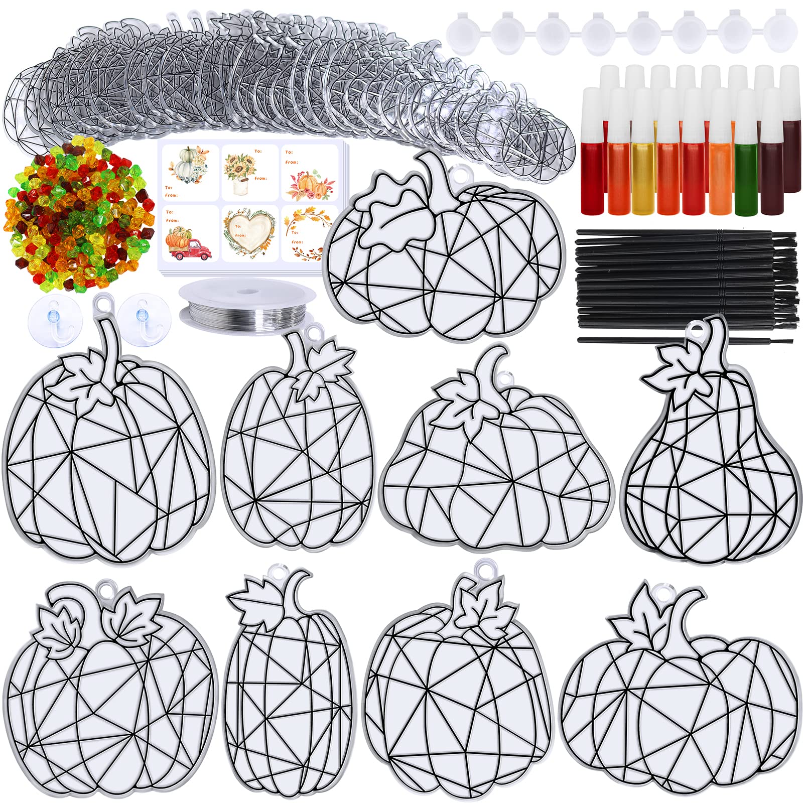 Photo 1 of Winlyn 27 Sets Pumpkin Suncatchers DIY Window Paint Art Suncatchers Fall Pumpkin Craft Kits Autumn Pumpkin Sun Catchers for Kids Classroom Halloween Thanksgiving Art Activities