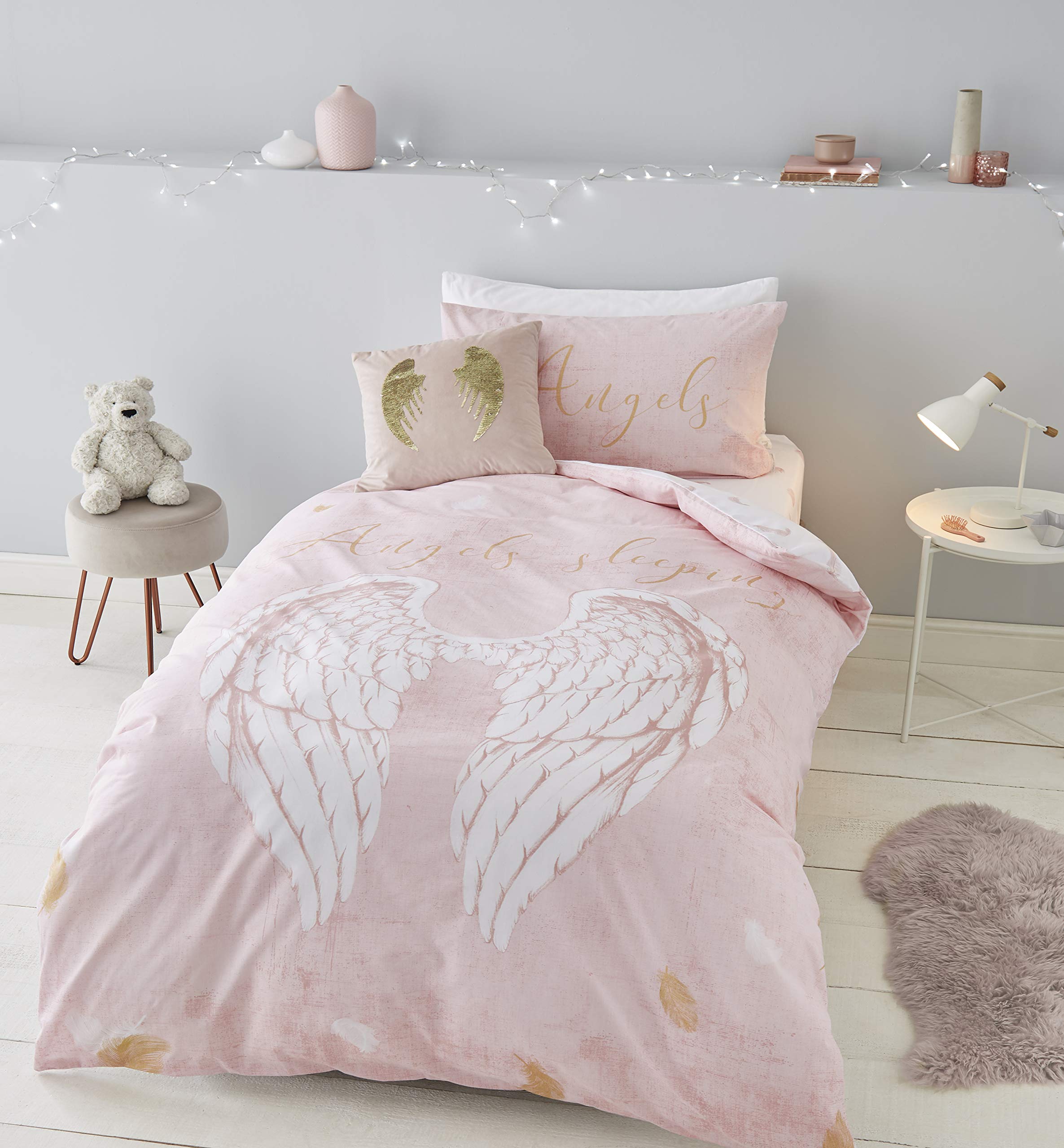 Catherine Lansfield Angel Wings Glitter Easy Care Single Duvet Set Pink