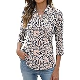 AKEWEI Womens 3/4 Length Sleeve Tops V Neck Casual Basic Tees Work Polo Shirts Collared Summer Top with Front Pocket