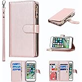 Jaorty Compatible with iPhone 7 Plus/iPhone 8 Plus Wallet Case,[9 Card Slots] [Wrist Strap] [Stand Feature] Zipper Cash Pocket Magnetic Leather Cover Shockproof Case for iPhone 7 Plus,5.5" Rosegold