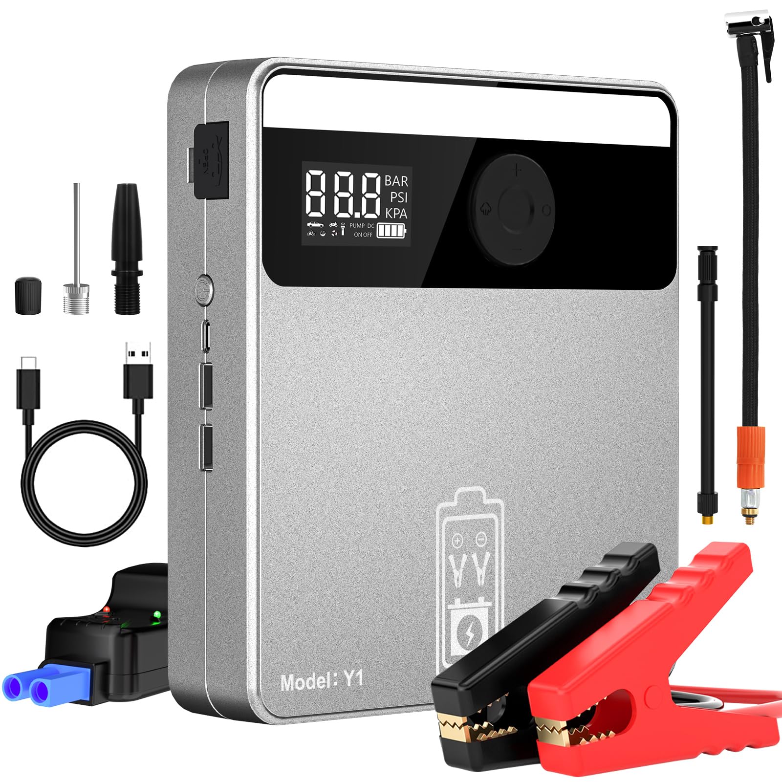 Photo 1 of Jump Starter with Air Compressor, 3000A Car Battery Jump Starter (9.0L Gas or 8.5L Diesel Engines) with 150PSI Digital Tire Inflator, 12V Portable Jump Box with LCD Screen, Emergency Light