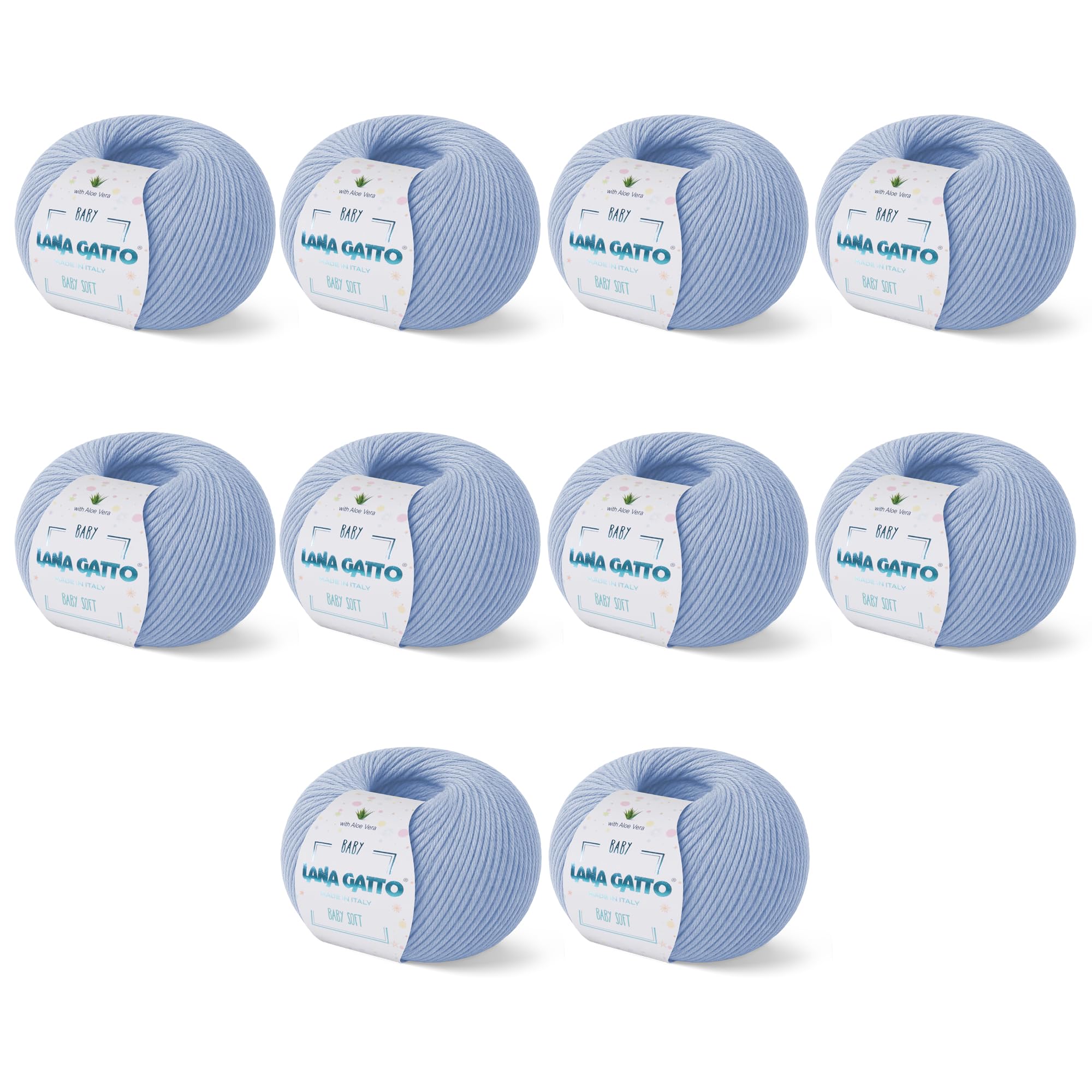 Baby Soft Yarns for Crocheting and Knitting 100% Merino Wool Treated with Aloe Vera, Soft Wool for Babies, Made in Italy by Lana Gatto, (10, Light Blue - 12260)