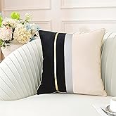 TAOSON Pack of 2, Black Beige Patchwork Velvet Throw Pillow Cover with Gold Striped Leather Cushion Case Modern Luxury Square Pillowcase for Sofa Couch Bedroom Living Room Home,18x18 inch