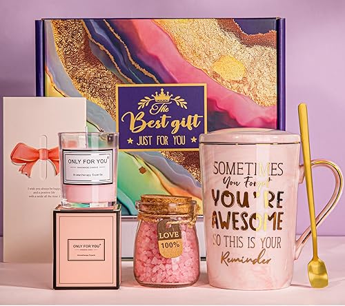 Birthday Gifts for Women Pamper - Inspirational Christmas Thank You Gifts for Her, Relaxation Spa Gift Hamper for Ladies, Self Care Bath Set with Scented Candle, 14oz Coffee Mug, Card, Elegantly Boxed