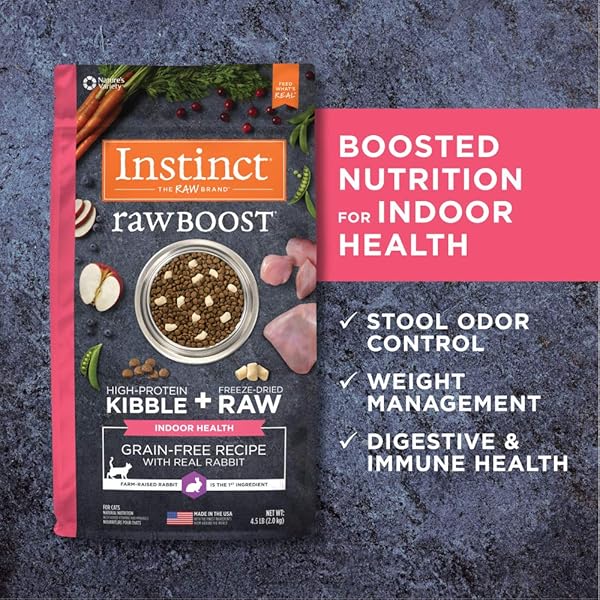 INSTINCT RAW BOOST INDOOR HEALTH, NATURAL DRY CAT FOOD WITH FREEZE DRIED PIECES, GRAIN FREE RECIPE – REAL RABBIT, 4.5 LB. BAG