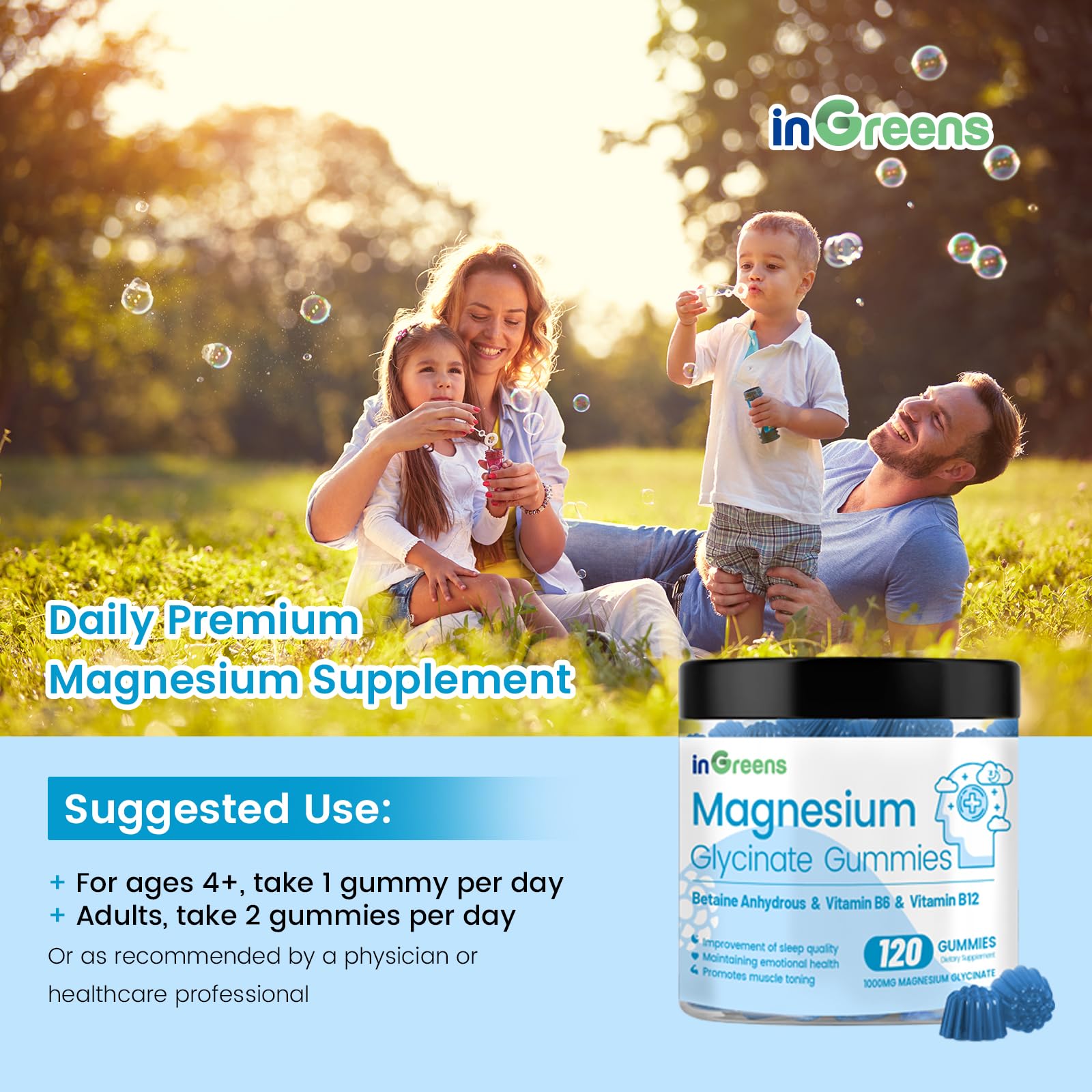 inGreens 1000mg High Absorption Magnesium Glycinate Gummies for Adults & Kids - Chewable Magnesium Supplement for Calm, Sleep, Muscle Relief, Nerve Support - 120 Gummies, 60 Day Supply