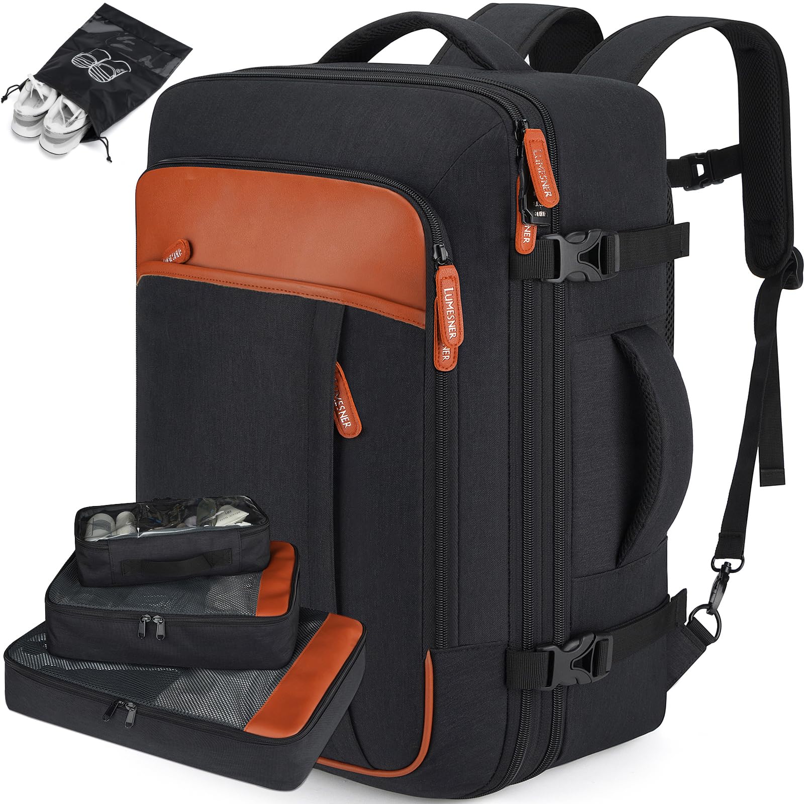 Carry on Backpack, Extra Large 40L Flight Approved Travel Backpack for Men & Women,Expandable Large Suitcase Backpacks With 4 Packing Cubes,Water Resistant Luggage Daypack Business Weekender Bag,Black