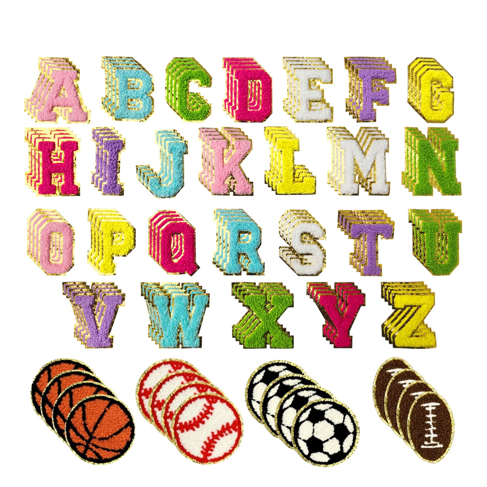View 1 of 120PCS Chenille Letter Patches Iron on Self Adhesive - 4 Sets A-Z Alphabet + 16 Themed Stickers - Backpack Clothing Jacket Hat DIY Decoration (Sports Balls)