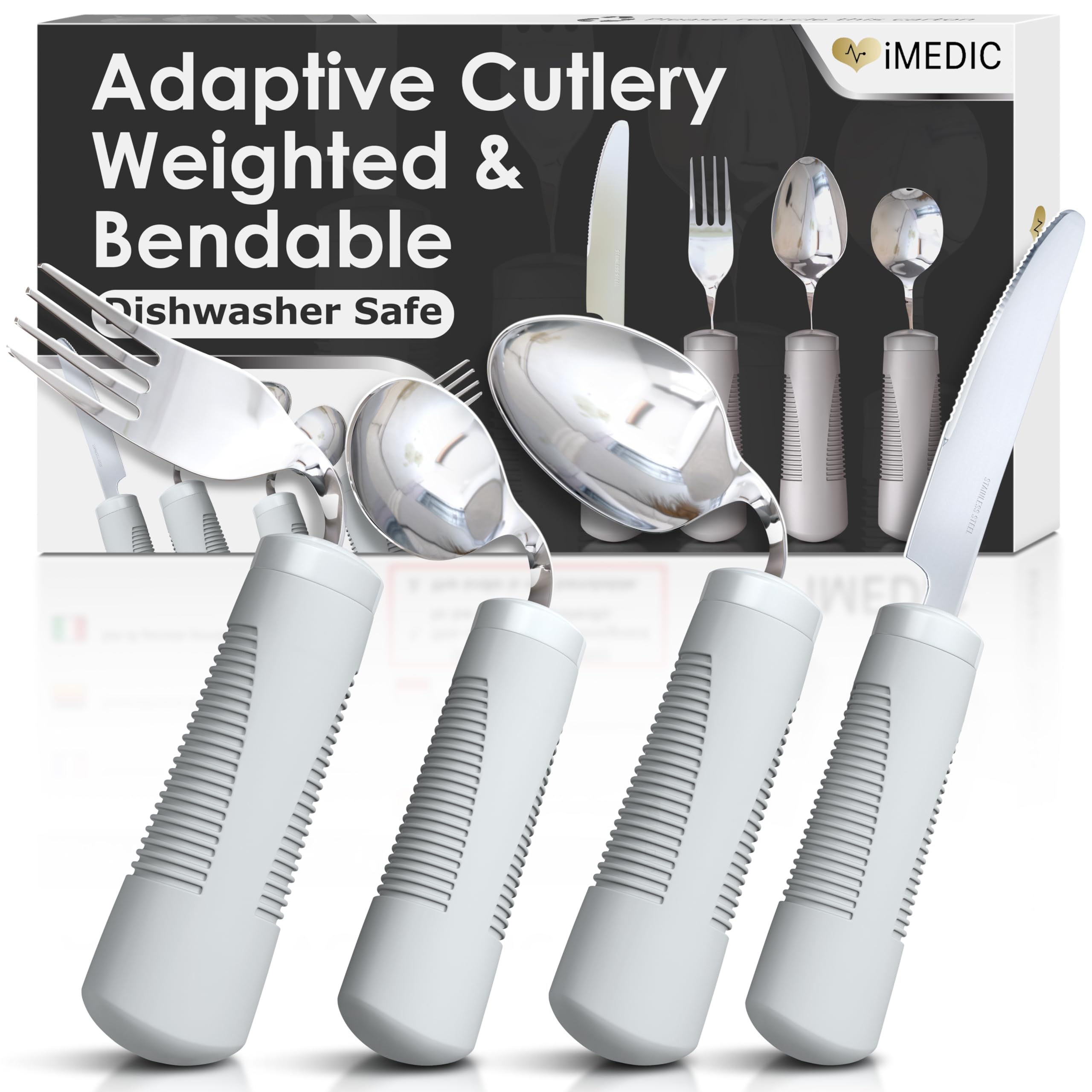 iMedic Weighted Bendable Cutlery for Disabled Hands (The Knife Does Not Bend) - Disabled Cutlery for Adults Suffering from Parkinson's and Tremors - 1 Set Grey
