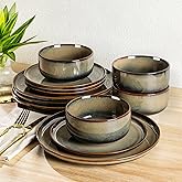 TheTerra Ceramic Dinnerware Sets for 4, 12 Pieces Handmade Reactive Glaze Plates and Bowls Set, Scratch Resistant Dish Set, Oven & Microwave & Dishwasher Safe