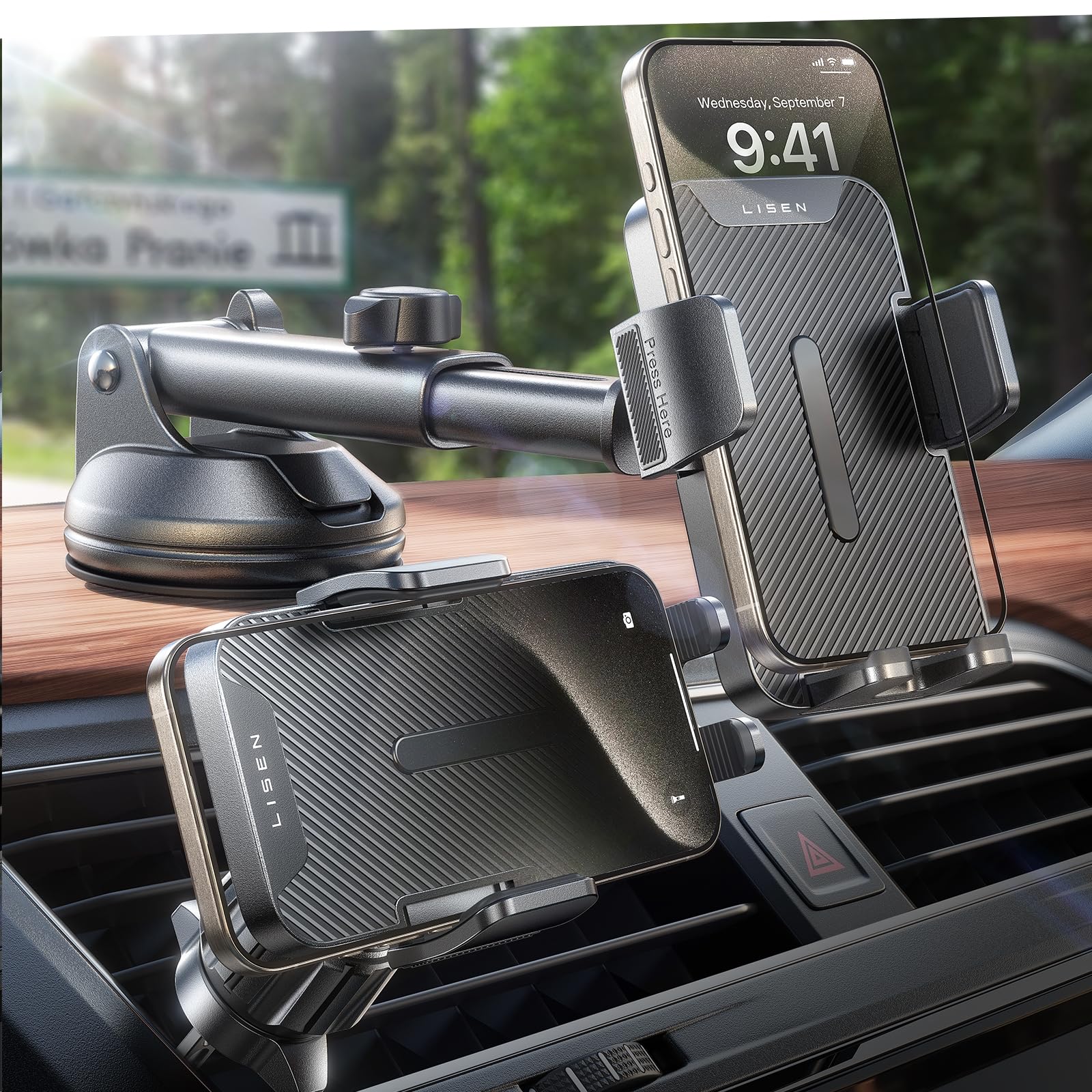 Photo 1 of LISEN Back to School Car Phone Holder Mount, 3 in 1 Dashboard Air Vent Windshield Cell Phone Mount for Car, Adjustable Holders for Your Vent for iPhone 16 Pro Max Plus 16 15 14 13 Samusung, Black
